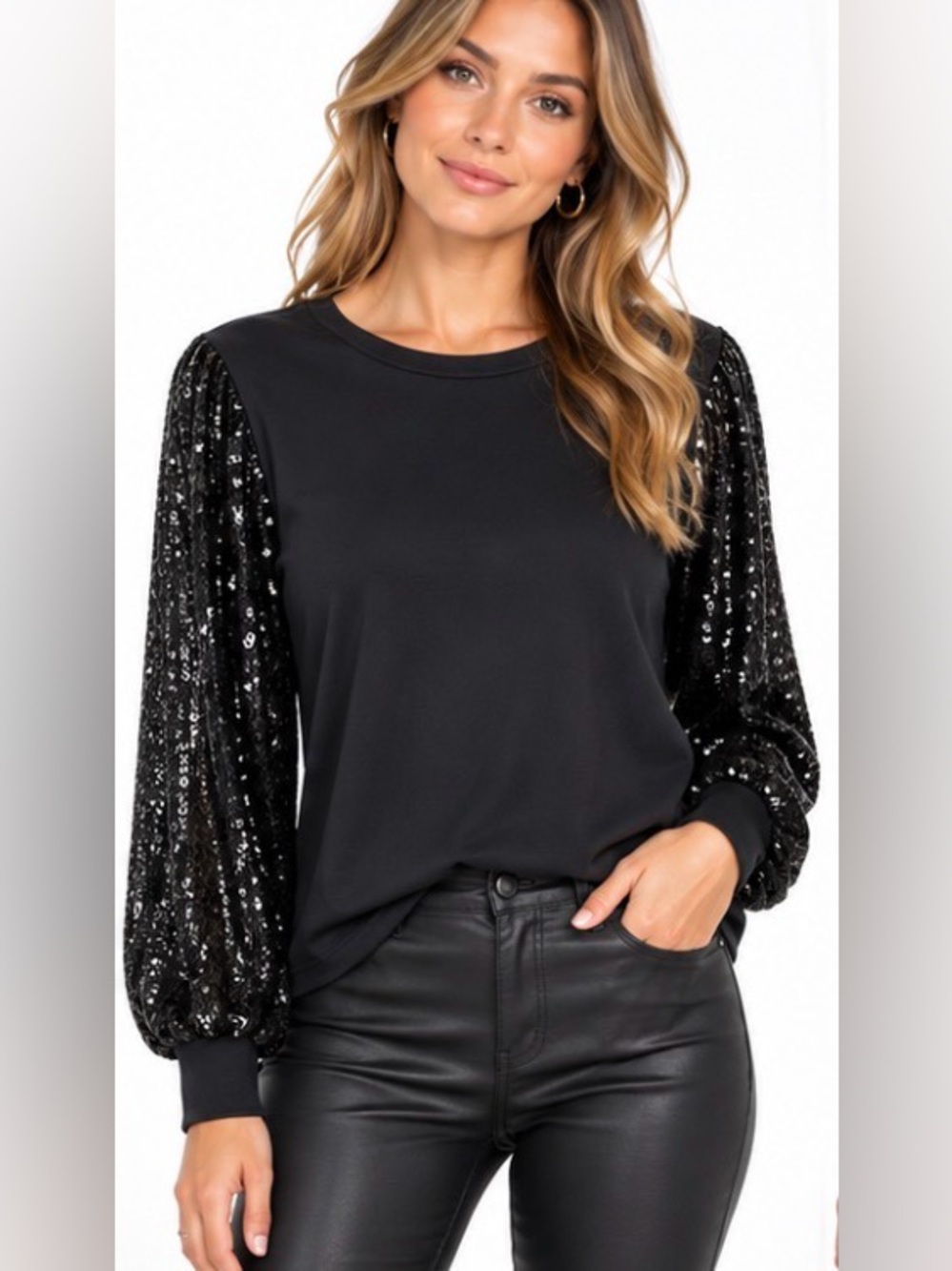 Les Amis Black Sequin Sleeve Top Size Small